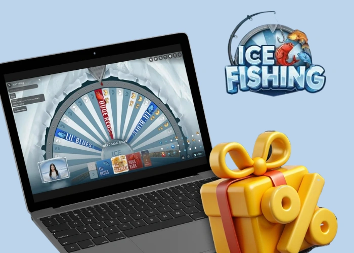 Ice Fishing bonus round shown on a laptop screen