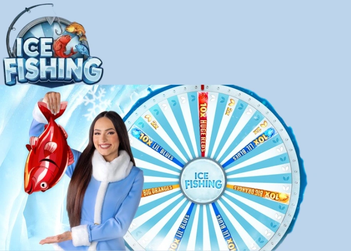 Ice Fishing host holding a red fish beside the game wheel