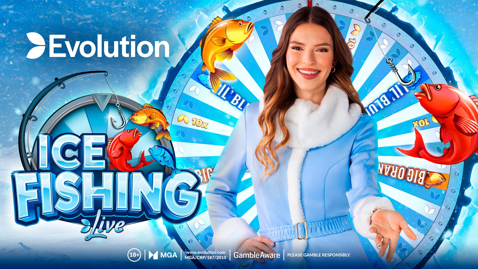 Ice Fishing Live by Evolution — host in front of the ice fishing money wheel