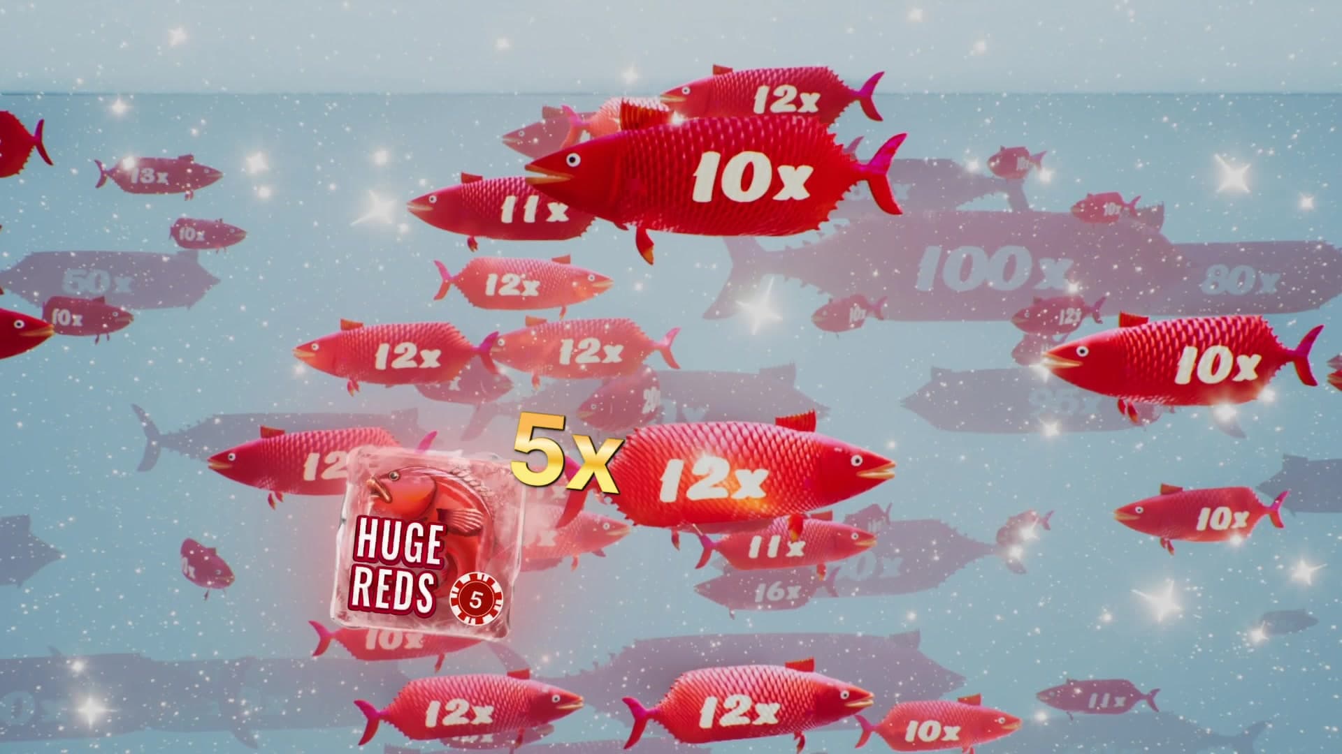 Huge Reds bonus round with red fish carrying 10x to 100x multipliers