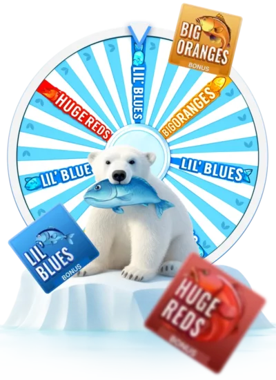 The Ice Fishing wheel with Lil' Blues, Big Oranges and Huge Reds bonus segments
