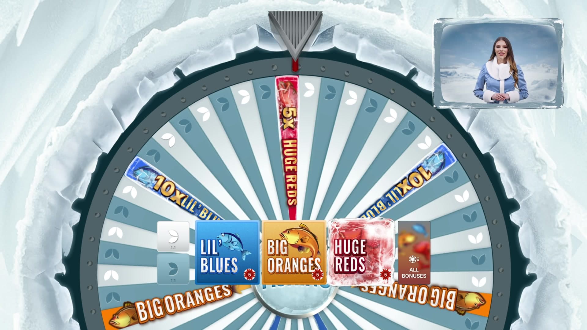 Close-up of the Ice Fishing wheel with a 5x Huge Reds multiplier landing